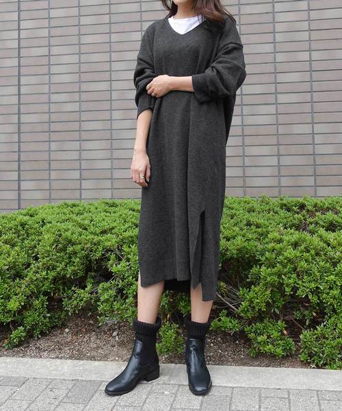 人気が高い最安値 人気ショップ Vネックニットワンピース 長袖 スリット ワンピース ロングワンピース ワンピース ワンピース Mode Mode Robe モードローブ のファッション本物新品保証売れ筋no 1 正規店仕入れ