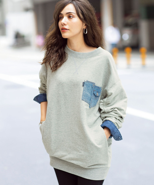 19冬新着 デニムレイヤード風裏毛チュニックワンピ Tシャツ トップス カットソー Geera ジーラ のファッション