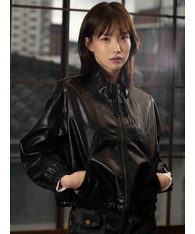 THE GREEN LAB（ザグリーンラボ）の「FAUX Leather High Neck Zipper Detail Jacket [Black]（ライダースジャケット・レディース）」