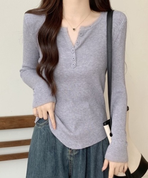 yuue' ( wear )(ユーイ)の「ヘンリーネック長袖リブニット(ニット/セーター・レディース・アイボリー/ブラック/グレー/ホワイト/ベージュ・FREE)」の1枚目の写真