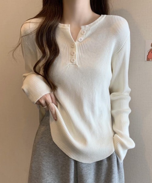 yuue' ( wear )(ユーイ)の「ヘンリーネック長袖リブニット(ニット/セーター・レディース・アイボリー/ブラック/グレー/ホワイト/ベージュ・FREE)」の9枚目の写真