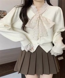 レースボウタイ襟ニットカーディガン