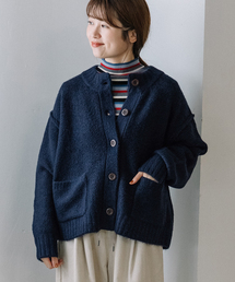 プランテーション モックネック ニットカーディガン M Aライン コットン/リネン マリナーストライプ モックネックカーディガン