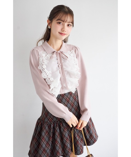 tocco closet(トッコ クローゼット)の「襟&リボン付きレースフリル装飾ニットプルオーバー(ニット/セーター・レディース・オフホワイト/ピンク/ネイビー・M)」の3枚目の写真
