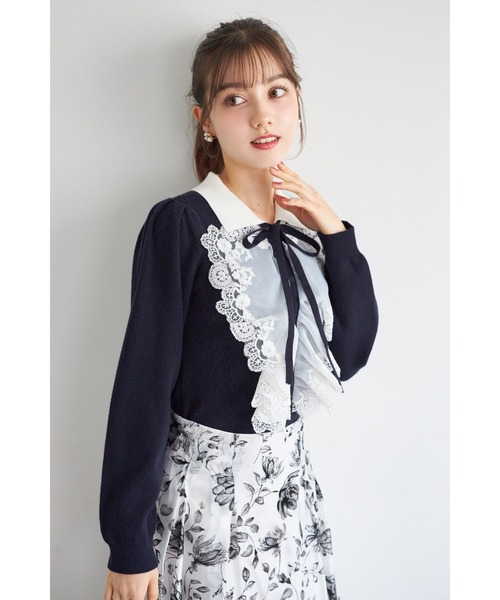 tocco closet(トッコ クローゼット)の「襟&リボン付きレースフリル装飾ニットプルオーバー(ニット/セーター・レディース・オフホワイト/ピンク/ネイビー・M)」の22枚目の写真