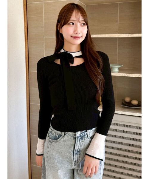 dazzlin（ダズリン）の「ビッグリボンシアーカフスニットトップス（ニット/セーター・レディース・グレー/ブラック/アイボリー/ピンク・FREE）」の11枚目の写真