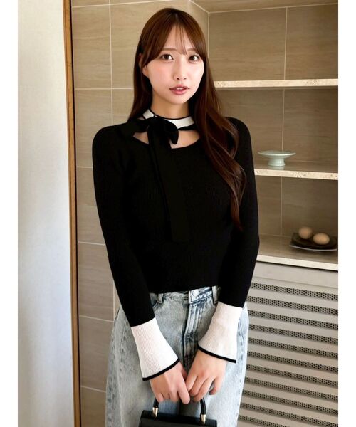 dazzlin（ダズリン）の「ビッグリボンシアーカフスニットトップス（ニット/セーター・レディース・グレー/ブラック/アイボリー/ピンク・FREE）」の12枚目の写真