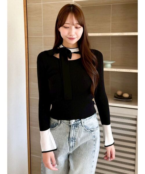 dazzlin（ダズリン）の「ビッグリボンシアーカフスニットトップス（ニット/セーター・レディース・グレー/ブラック/アイボリー/ピンク・FREE）」の13枚目の写真