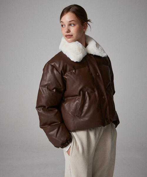 セール】ミンクファーカラー人工皮革ショートパディングブラウン