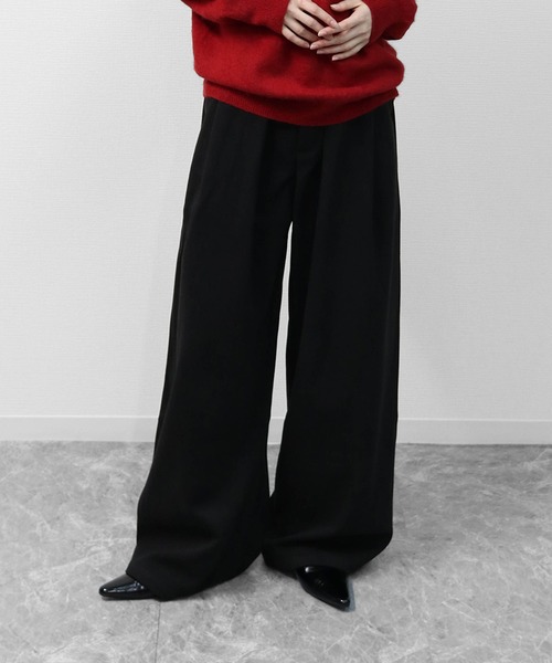 タックワイドストレッチツイードパンツ　PLEATED WIDE STRETCH TWEED PANTS
