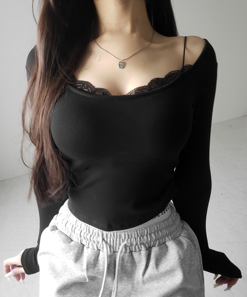 me+em select(ミームセレクト)の「【 カップ付き 】裏起毛レースレイヤードぴちカットソートップス / urakimo square neck pichi cutsew tops(Tシャツ/カットソー・レディース・ホワイト/ブラック/グレー・FREE)」の18枚目の写真