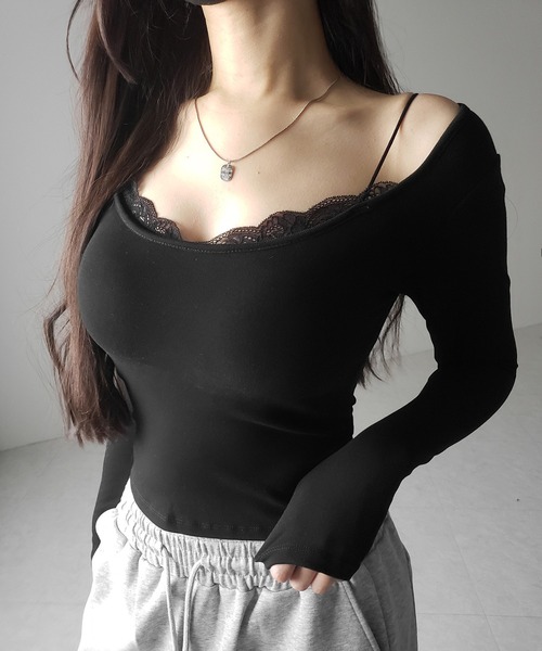 me+em select(ミームセレクト)の「【 カップ付き 】裏起毛レースレイヤードぴちカットソートップス / urakimo square neck pichi cutsew tops(Tシャツ/カットソー・レディース・ホワイト/ブラック/グレー・FREE)」の21枚目の写真