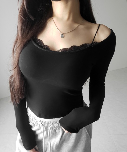 me+em select(ミームセレクト)の「【 カップ付き 】裏起毛レースレイヤードぴちカットソートップス / urakimo square neck pichi cutsew tops(Tシャツ/カットソー・レディース・ホワイト/ブラック/グレー・FREE)」の15枚目の写真