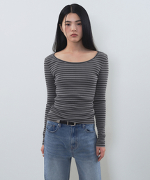 ウィメンズストライプリブスリム長袖Tシャツ[チャコールグレー]