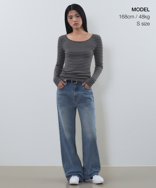 MUSINSA STANDARD WOMAN（ムシンサスタンダードウーマン）の「ウィメンズストライプリブスリム長袖Tシャツ[チャコールグレー]（Tシャツ/カットソー・レディース・その他・SMALL/MEDIUM/LARGE/X-SMALL）」の7枚目の写真