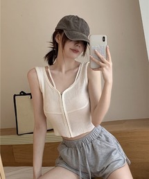 SHEPP | 【26年春夏新作】フロントジップ ダブルストラップ リブニットビスチェ(チューブトップ)