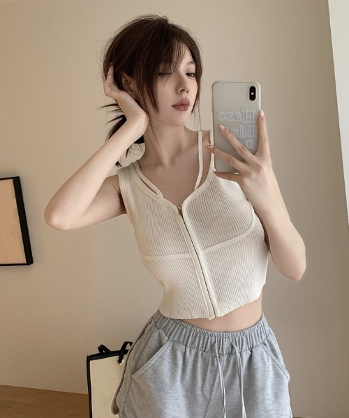 SHEPP（シープ）の「【26年春夏新作】フロントジップ ダブルストラップ リブニットビスチェ（チューブトップ・レディース・ブラック/ホワイト・F）」の7枚目の写真