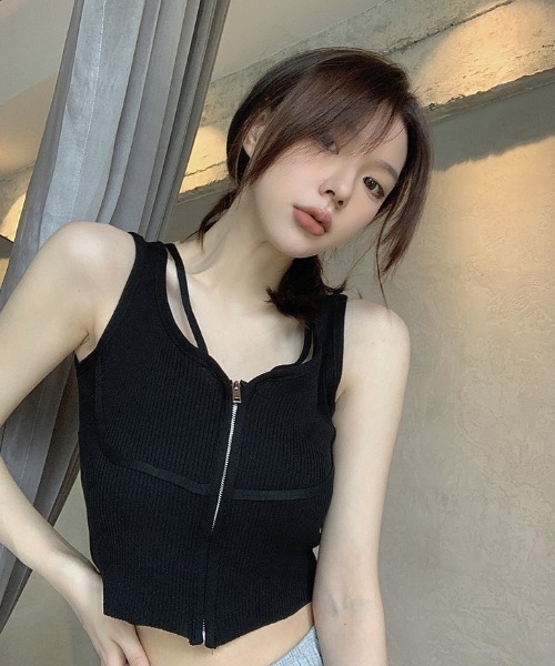 SHEPP（シープ）の「【26年春夏新作】フロントジップ ダブルストラップ リブニットビスチェ（チューブトップ・レディース・ブラック/ホワイト・F）」の15枚目の写真