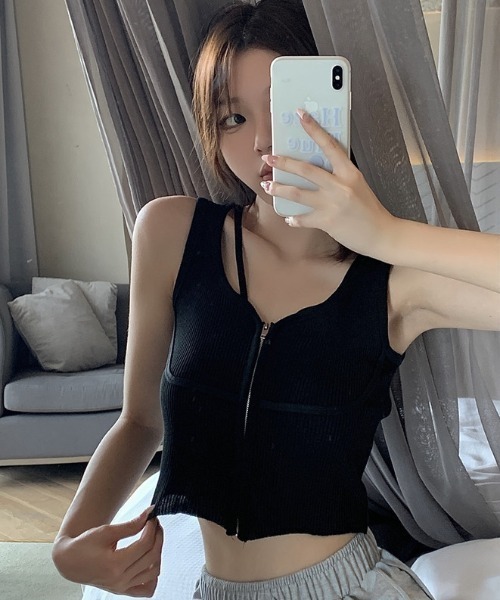 SHEPP（シープ）の「【26年春夏新作】フロントジップ ダブルストラップ リブニットビスチェ（チューブトップ・レディース・ブラック/ホワイト・F）」の17枚目の写真