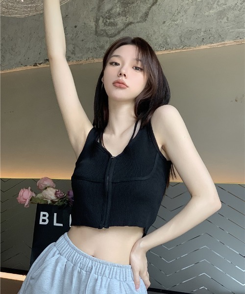 SHEPP（シープ）の「【26年春夏新作】フロントジップ ダブルストラップ リブニットビスチェ（チューブトップ・レディース・ブラック/ホワイト・F）」の18枚目の写真