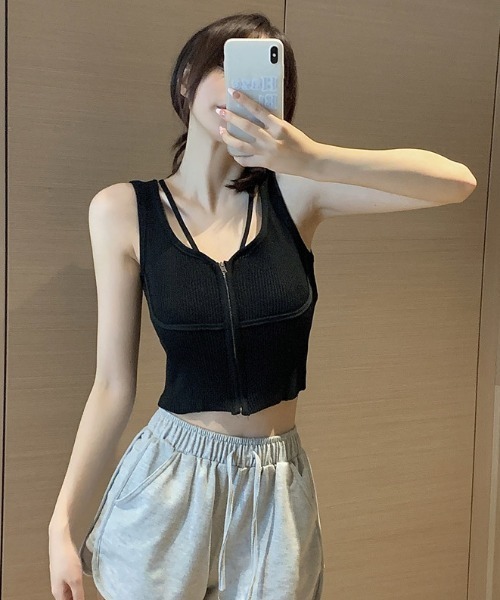 SHEPP（シープ）の「【26年春夏新作】フロントジップ ダブルストラップ リブニットビスチェ（チューブトップ・レディース・ブラック/ホワイト・F）」の21枚目の写真