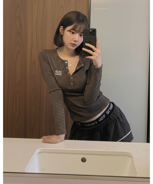 muahmuah（ムーアムーア）の「ヘンリーネックストライプステッチTシャツ[6色]（Tシャツ/カットソー・レディース・アイボリー/ブラック/グレー/ブルー/ブラウン/クリーム・FREE）」の13枚目の写真