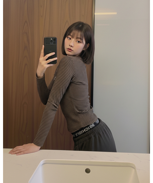 muahmuah（ムーアムーア）の「ヘンリーネックストライプステッチTシャツ[6色]（Tシャツ/カットソー・レディース・アイボリー/ブラック/グレー/ブルー/ブラウン/クリーム・FREE）」の15枚目の写真