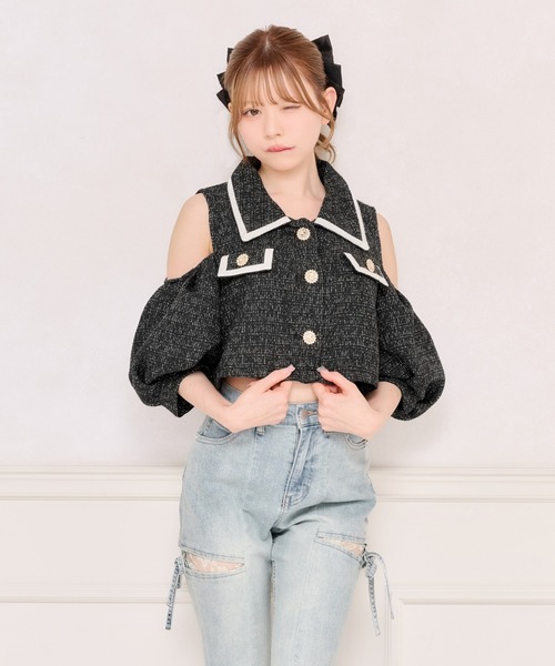 完売 ルネ パフスリーブ ビジュー/パール付Tシャツ ビジューボタンパフスリーブツイードトップス（シャツ/ブラウス