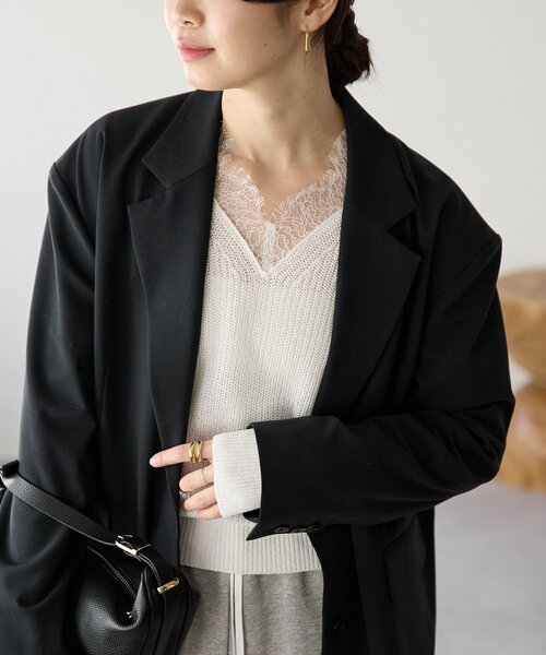 RIVE DROITE（リヴドロワ）の「【こなれ感抜群/接触冷感】ワイドショルダージャケット（テーラードジャケット・レディース・ブラック/ベージュ・FREE）」の10枚目の写真