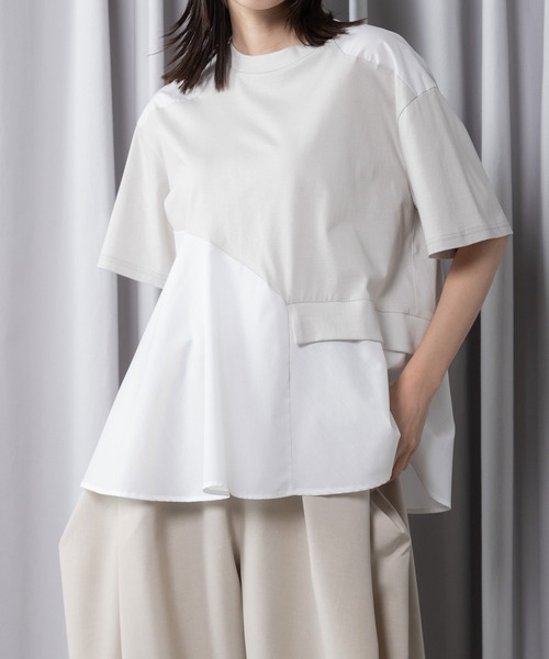 MARECHAL TERRE(マルシャルテル)の「【接触冷感機能付き】Aラインコンビネーショントップス(Tシャツ/カットソー・レディース・オフホワイト/ライトグレー/ブラック/ネイビー・MEDIUM)」の1枚目の写真