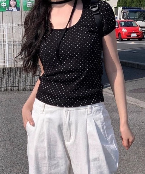 ViViDAY(ビビデー)の「襟リボン ドット柄半袖tシャツ(Tシャツ/カットソー・レディース・ブラック/オフホワイト・M)」の3枚目の写真