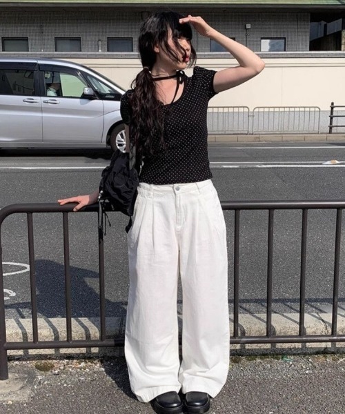 ViViDAY(ビビデー)の「襟リボン ドット柄半袖tシャツ(Tシャツ/カットソー・レディース・ブラック/オフホワイト・M)」の12枚目の写真