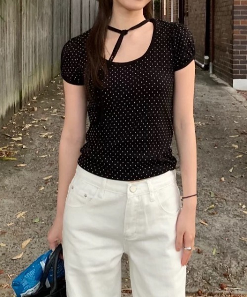 ViViDAY(ビビデー)の「襟リボン ドット柄半袖tシャツ(Tシャツ/カットソー・レディース・ブラック/オフホワイト・M)」の19枚目の写真