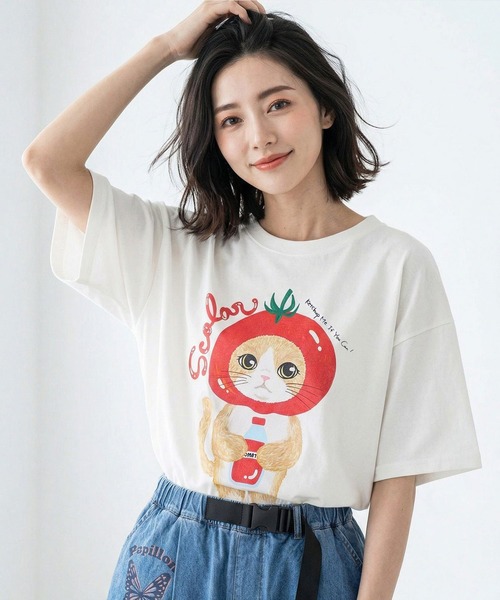 ScoLar(スカラー)の「ScoLar(スカラー) トマトにゃんこ柄プリントTシャツ(Tシャツ/カットソー・レディース・ブラック/イエロー/オフホワイト・MEDIUM)」の2枚目の写真