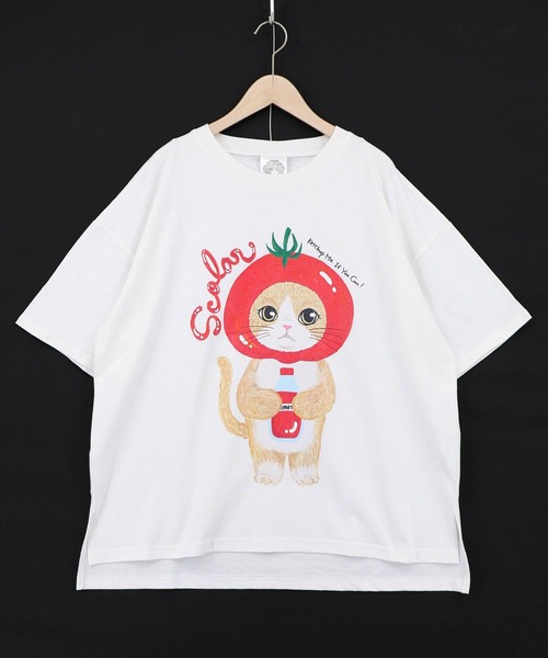 ScoLar(スカラー)の「ScoLar(スカラー) トマトにゃんこ柄プリントTシャツ(Tシャツ/カットソー・レディース・ブラック/イエロー/オフホワイト・MEDIUM)」の5枚目の写真