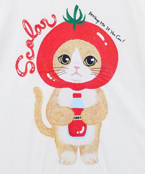 ScoLar(スカラー)の「ScoLar(スカラー) トマトにゃんこ柄プリントTシャツ(Tシャツ/カットソー・レディース・ブラック/イエロー/オフホワイト・MEDIUM)」の6枚目の写真