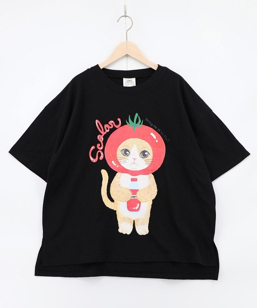 ScoLar(スカラー)の「ScoLar(スカラー) トマトにゃんこ柄プリントTシャツ(Tシャツ/カットソー・レディース・ブラック/イエロー/オフホワイト・MEDIUM)」の7枚目の写真