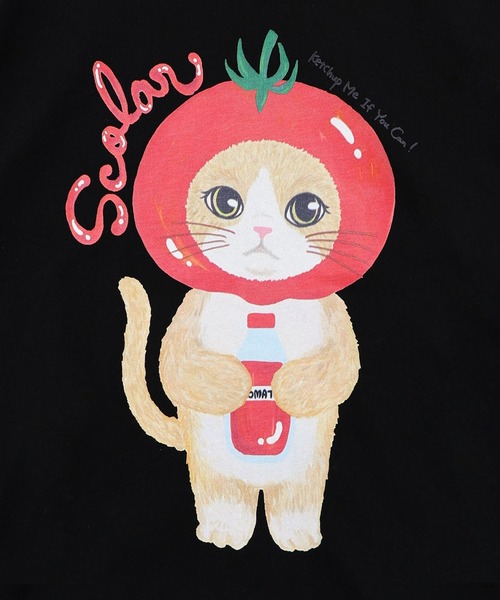 ScoLar(スカラー)の「ScoLar(スカラー) トマトにゃんこ柄プリントTシャツ(Tシャツ/カットソー・レディース・ブラック/イエロー/オフホワイト・MEDIUM)」の8枚目の写真