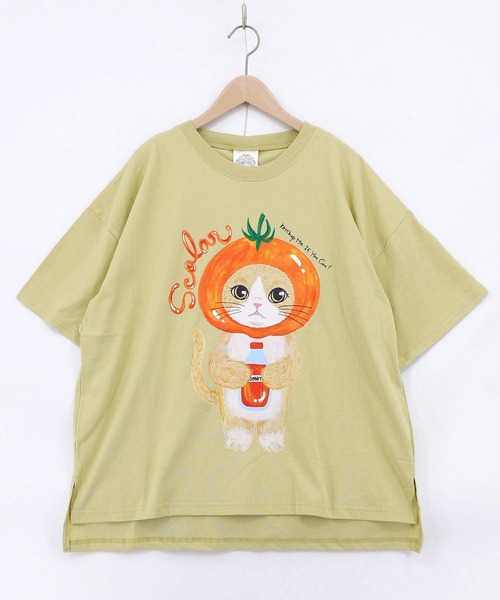 ScoLar(スカラー)の「ScoLar(スカラー) トマトにゃんこ柄プリントTシャツ(Tシャツ/カットソー・レディース・ブラック/イエロー/オフホワイト・MEDIUM)」の13枚目の写真