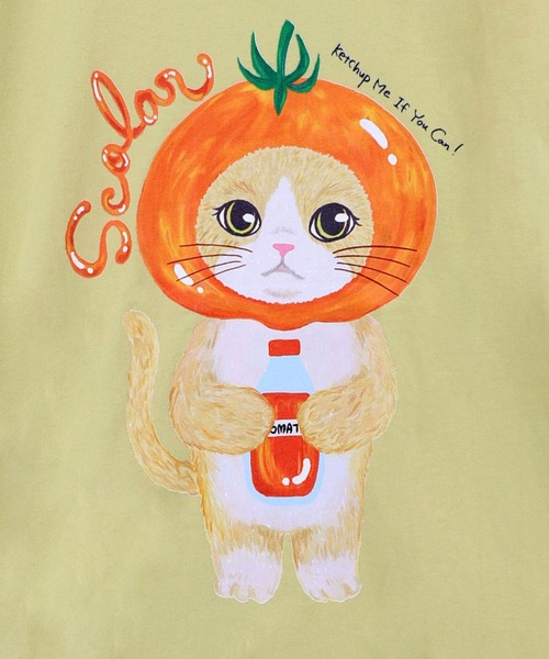 ScoLar(スカラー)の「ScoLar(スカラー) トマトにゃんこ柄プリントTシャツ(Tシャツ/カットソー・レディース・ブラック/イエロー/オフホワイト・MEDIUM)」の14枚目の写真