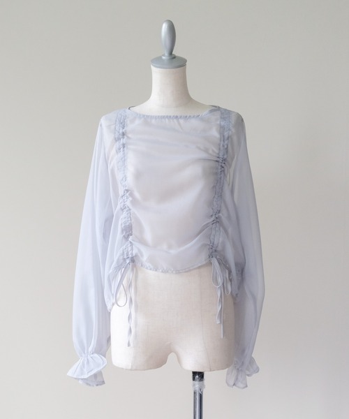 DOLLUPOOPS(ドールアップウップス)の「Sheer Gather Ribbon Blouse(シアーギャザーリボンブラウス)(シャツ/ブラウス・レディース・ライトグレー/ブラック・FREE)」の15枚目の写真