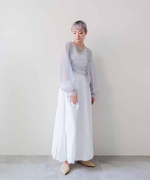 DOLLUPOOPS(ドールアップウップス)の「Sheer Gather Ribbon Blouse(シアーギャザーリボンブラウス)(シャツ/ブラウス・レディース・ライトグレー/ブラック・FREE)」の6枚目の写真