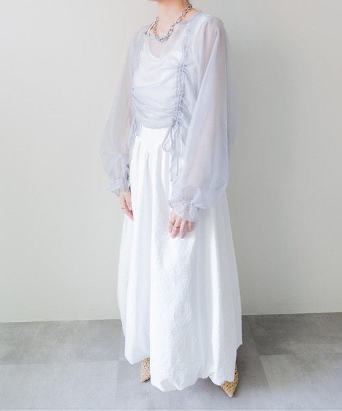DOLLUPOOPS(ドールアップウップス)の「Sheer Gather Ribbon Blouse(シアーギャザーリボンブラウス)(シャツ/ブラウス・レディース・ライトグレー/ブラック・FREE)」の8枚目の写真