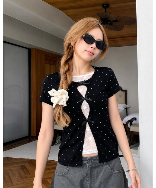 inst.ALL(インストール)の「ドット×リボン レイヤード風半袖トップス(Tシャツ/カットソー・レディース・ブラック・M)」の9枚目の写真