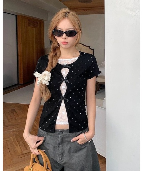 inst.ALL(インストール)の「ドット×リボン レイヤード風半袖トップス(Tシャツ/カットソー・レディース・ブラック・M)」の8枚目の写真