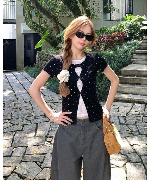 inst.ALL(インストール)の「ドット×リボン レイヤード風半袖トップス(Tシャツ/カットソー・レディース・ブラック・M)」の4枚目の写真