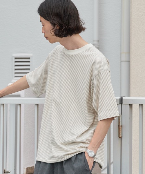 Healthknit(ヘルスニット)の「Healthknit/ヘルスニット Narrow Border Jersey Wide Crew S/S ナローボーダー ワイドクルーネック半袖Tシャツ 抗菌防臭 細ボーダー オーバーサイズ メンズ 2026年 夏 夏服(Tシャツ/カットソー・メンズ・ブラック/ベージュ/ブルー/ナチュラル・M/L/XL)」の2枚目の写真