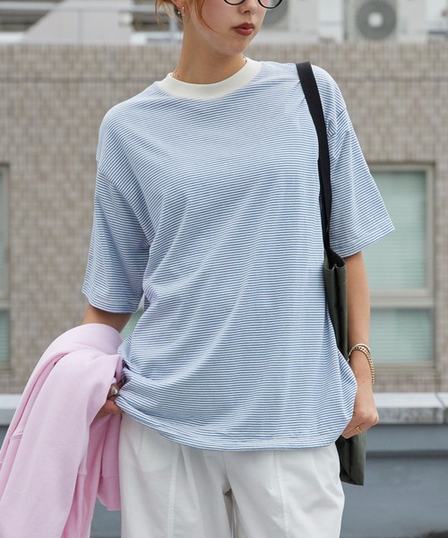Healthknit(ヘルスニット)の「Healthknit/ヘルスニット Narrow Border Jersey Wide Crew S/S ナローボーダー ワイドクルーネック半袖Tシャツ 抗菌防臭 細ボーダー オーバーサイズ メンズ 2026年 夏 夏服(Tシャツ/カットソー・メンズ・ブラック/ベージュ/ブルー/ナチュラル・M/L/XL)」の4枚目の写真