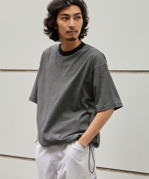 Healthknit(ヘルスニット)の「Healthknit/ヘルスニット Narrow Border Jersey Wide Crew S/S ナローボーダー ワイドクルーネック半袖Tシャツ 抗菌防臭 細ボーダー オーバーサイズ メンズ 2026年 夏 夏服(Tシャツ/カットソー・メンズ・ブラック/ベージュ/ブルー/ナチュラル・M/L/XL)」の1枚目の写真