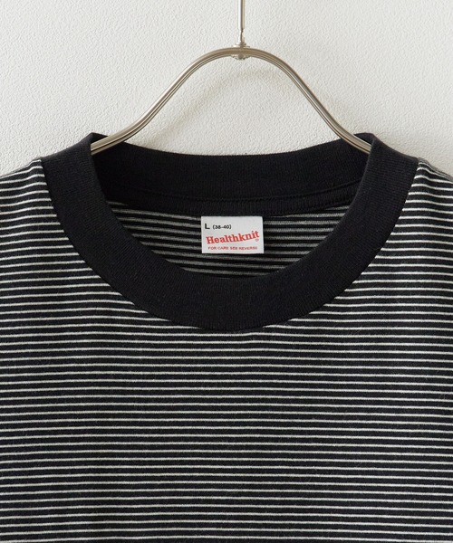 Healthknit(ヘルスニット)の「Healthknit/ヘルスニット Narrow Border Jersey Wide Crew S/S ナローボーダー ワイドクルーネック半袖Tシャツ 抗菌防臭 細ボーダー オーバーサイズ メンズ 2026年 夏 夏服(Tシャツ/カットソー・メンズ・ブラック/ベージュ/ブルー/ナチュラル・M/L/XL)」の5枚目の写真